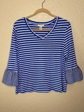 Westbound Blue White Stripe Gingham Bell Sleeves Top Women's Petite Size Large